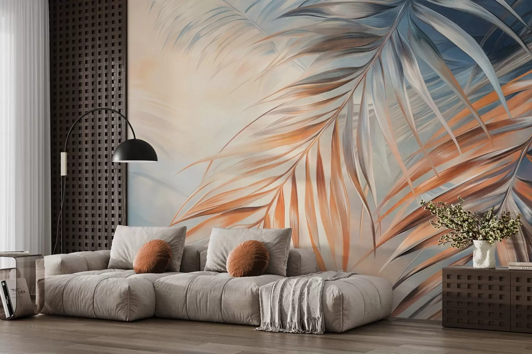wall murals Palm leaves with orange and blue tones, light textured background with soft colors, elegant tropical style w09475