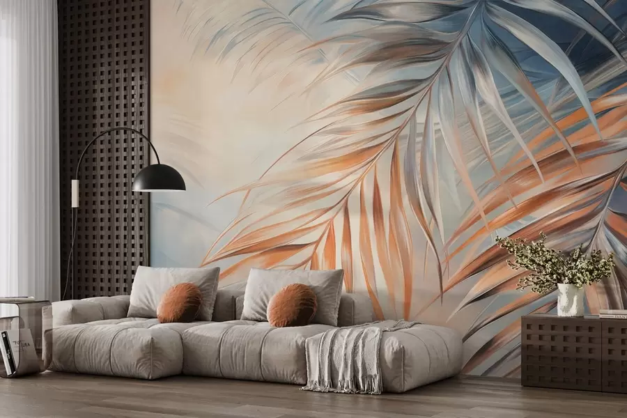 wall murals Palm leaves with orange and blue tones, light textured background with soft colors, elegant tropical style w09475