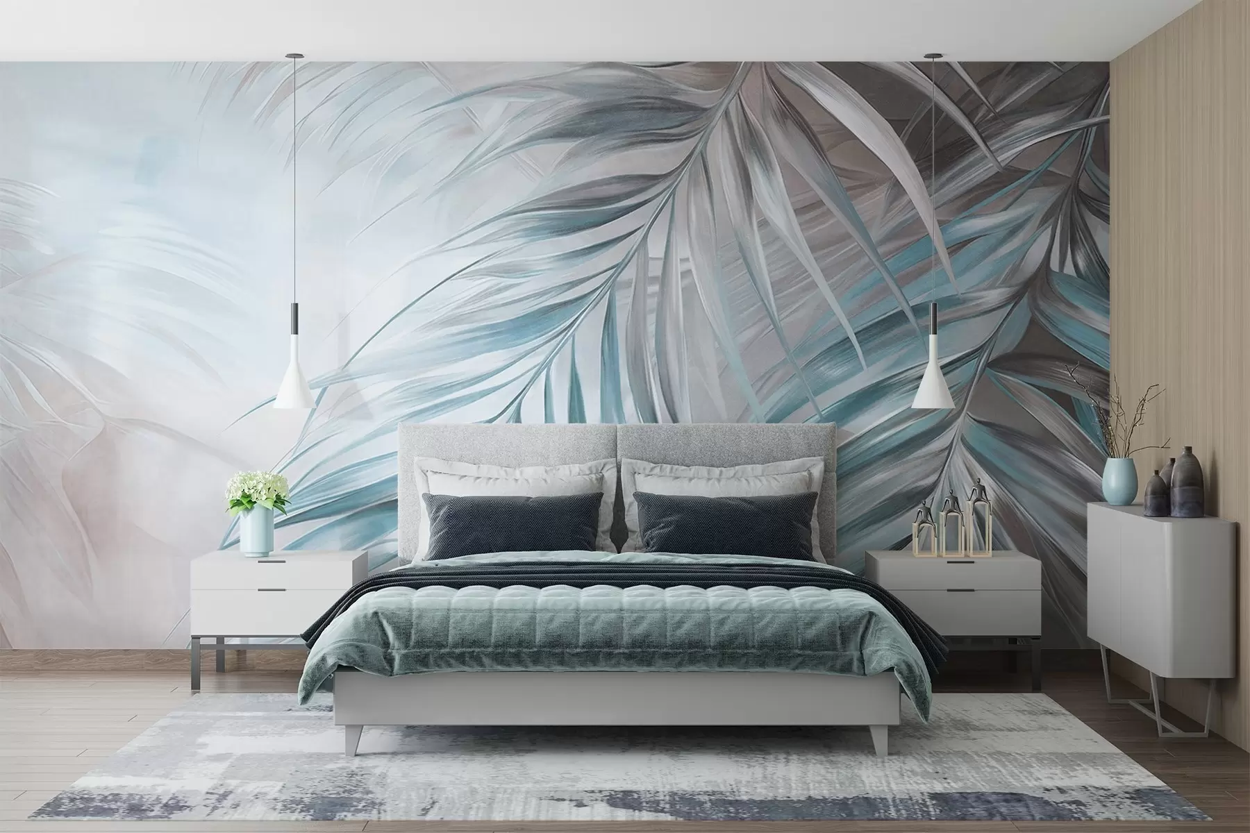 murales Hojas de palmera con tonos grises y azules, fondo con textura ligera y colores suaves, elegante estilo tropical w09475v1