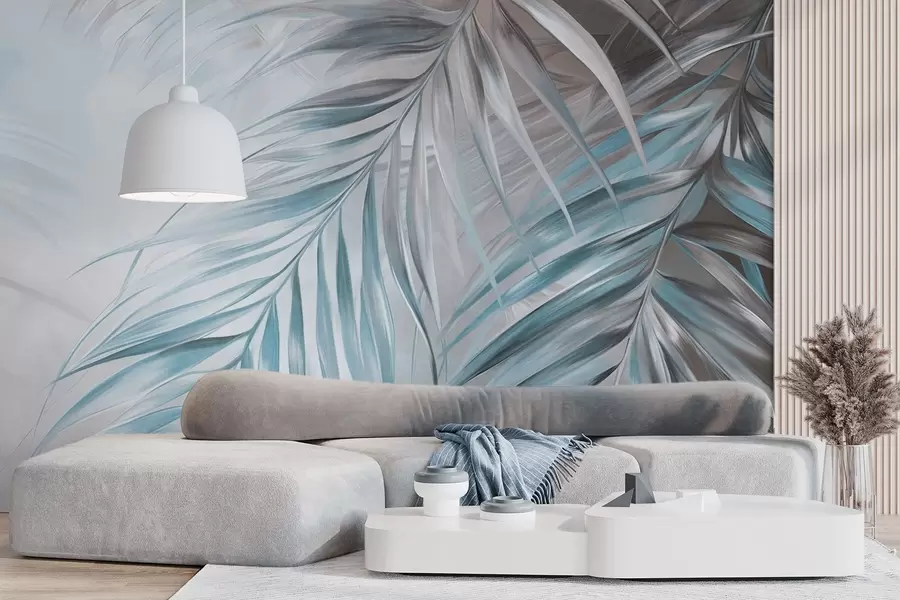 Wall Mural Photo Wallpaper Palm leaves with gray and blue tones, light textured background with soft colors, elegant tropical style w09475v1