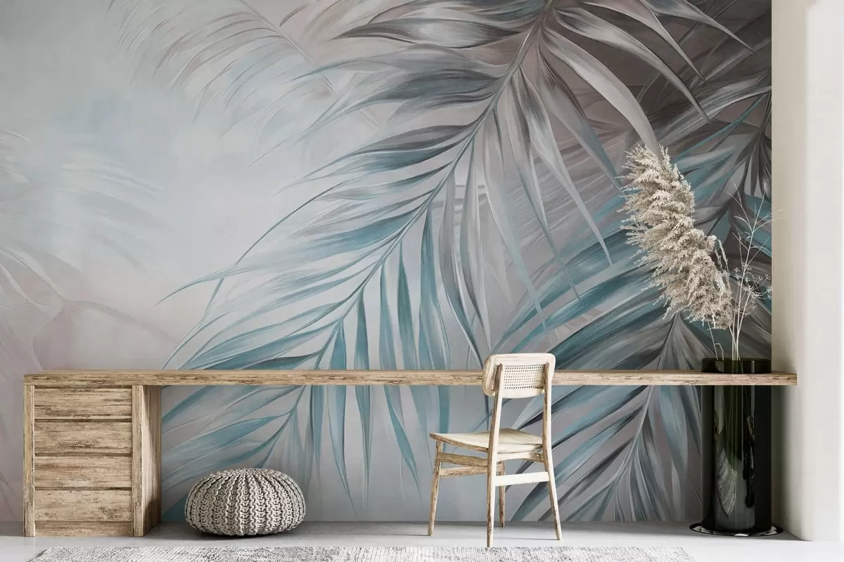 wall murals Palm leaves with gray and blue tones, light textured background with soft colors, elegant tropical style w09475v1