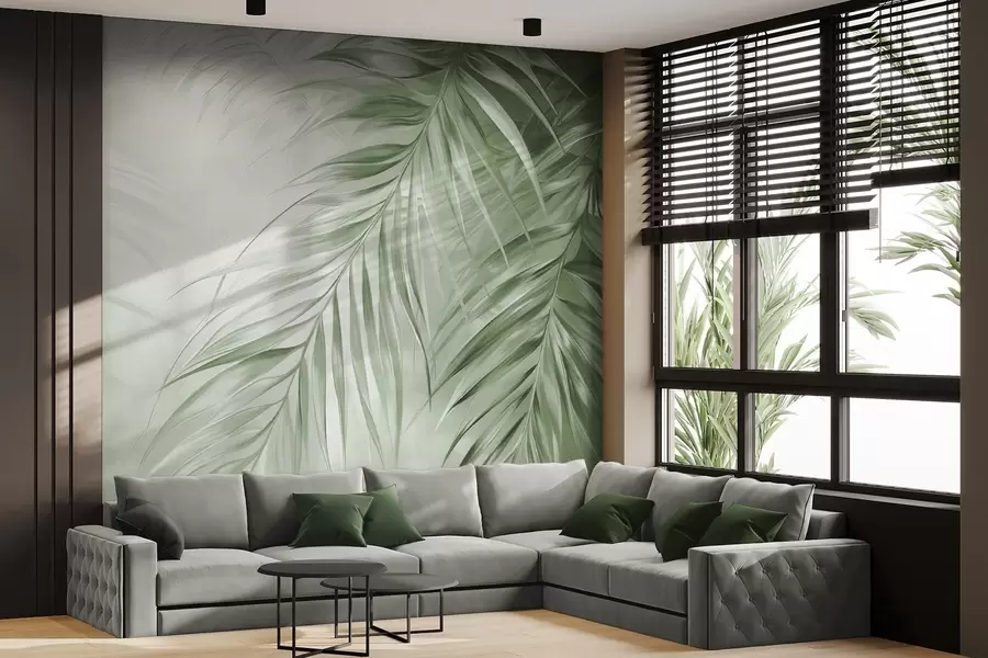 murales Hojas de palmera con tonos verdes, fondo con textura ligera y colores suaves, elegante estilo tropical w09475v2