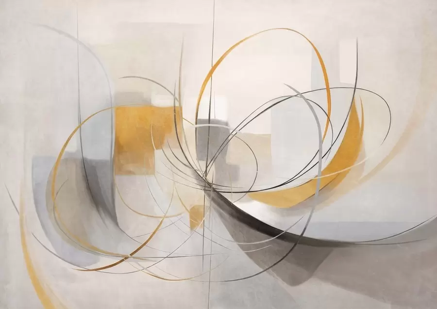 peintures murales Peinture moderne abstraite texturée avec des lignes courbes et des formes géométriques dans des tons de gris, blanc et orange w09476