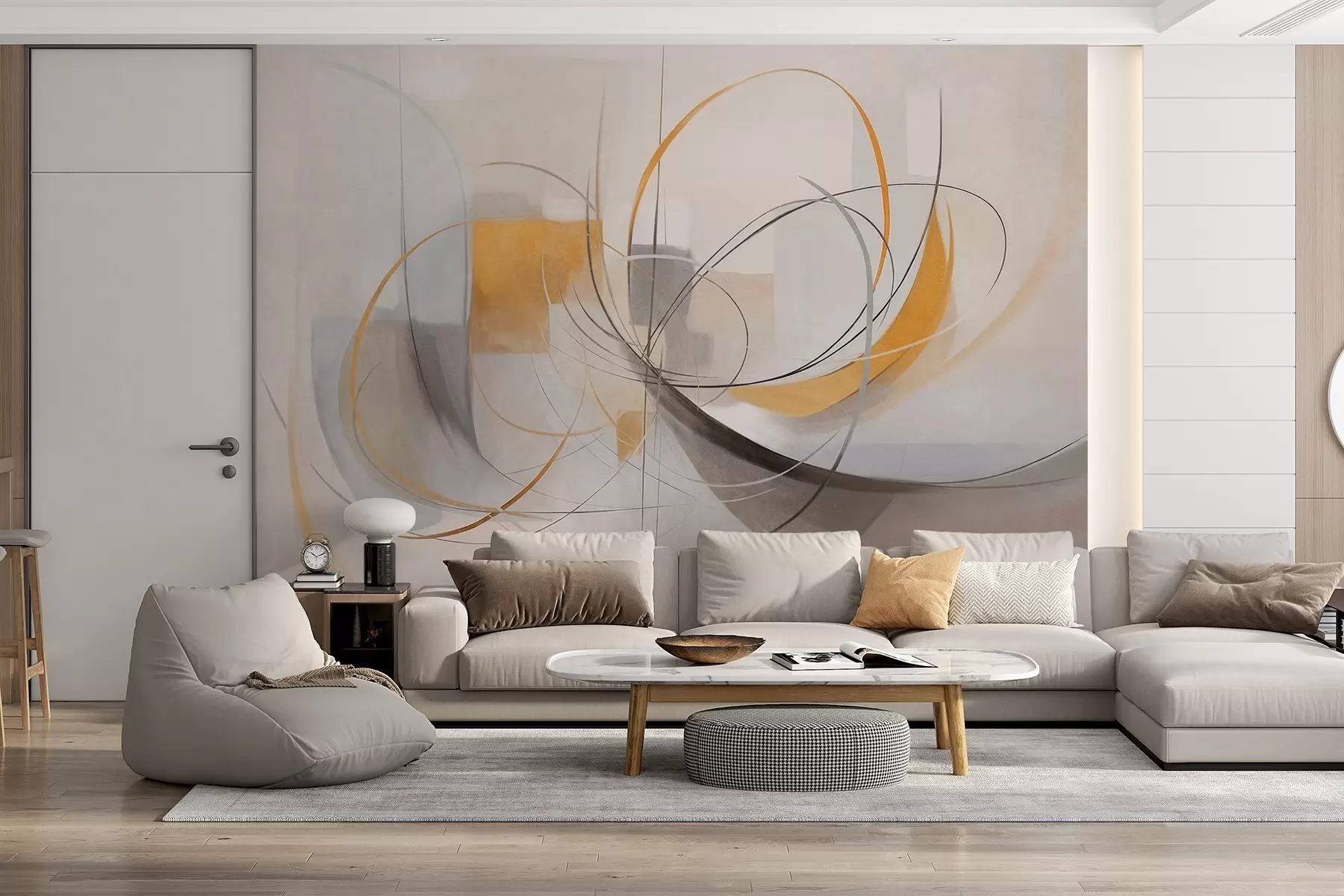 Wall Mural Photo Wallpaper Abstract textured modern painting style with curved lines and geometric shapes in shades of gray, white and orange w09476