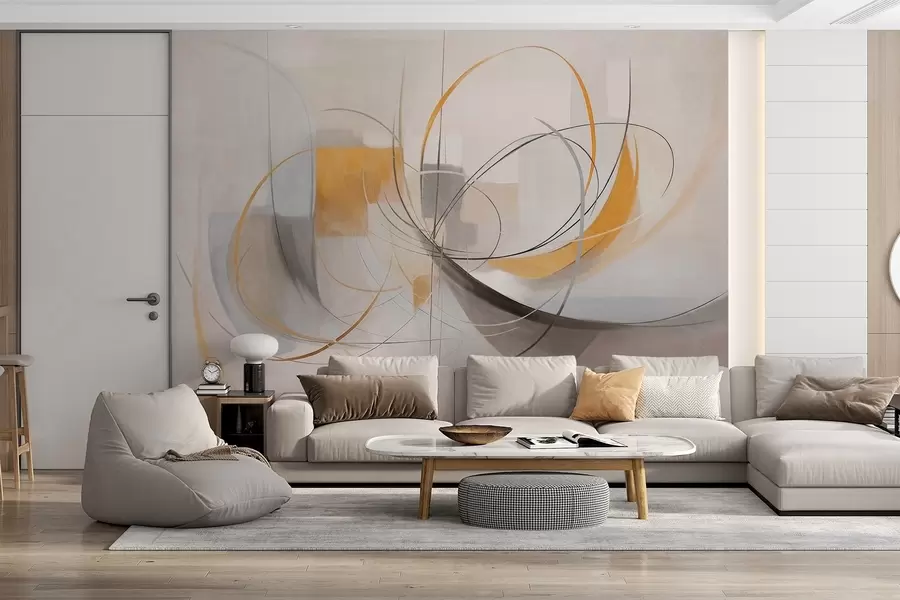 wall murals Abstract textured modern painting style with curved lines and geometric shapes in shades of gray, white and orange w09476