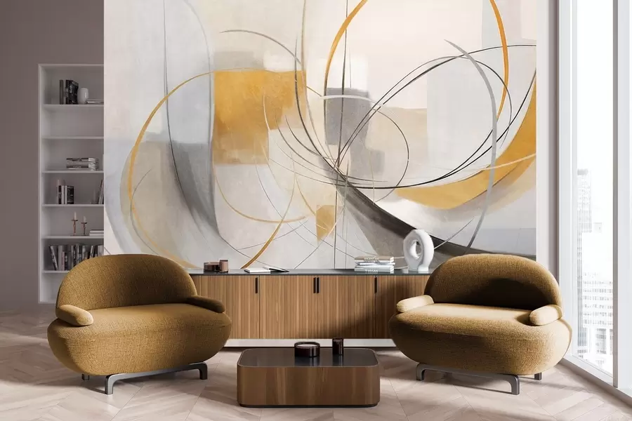 murales Estilo pictórico moderno abstracto con texturas, líneas curvas y formas geométricas en tonos grises, blancos y naranjas w09476