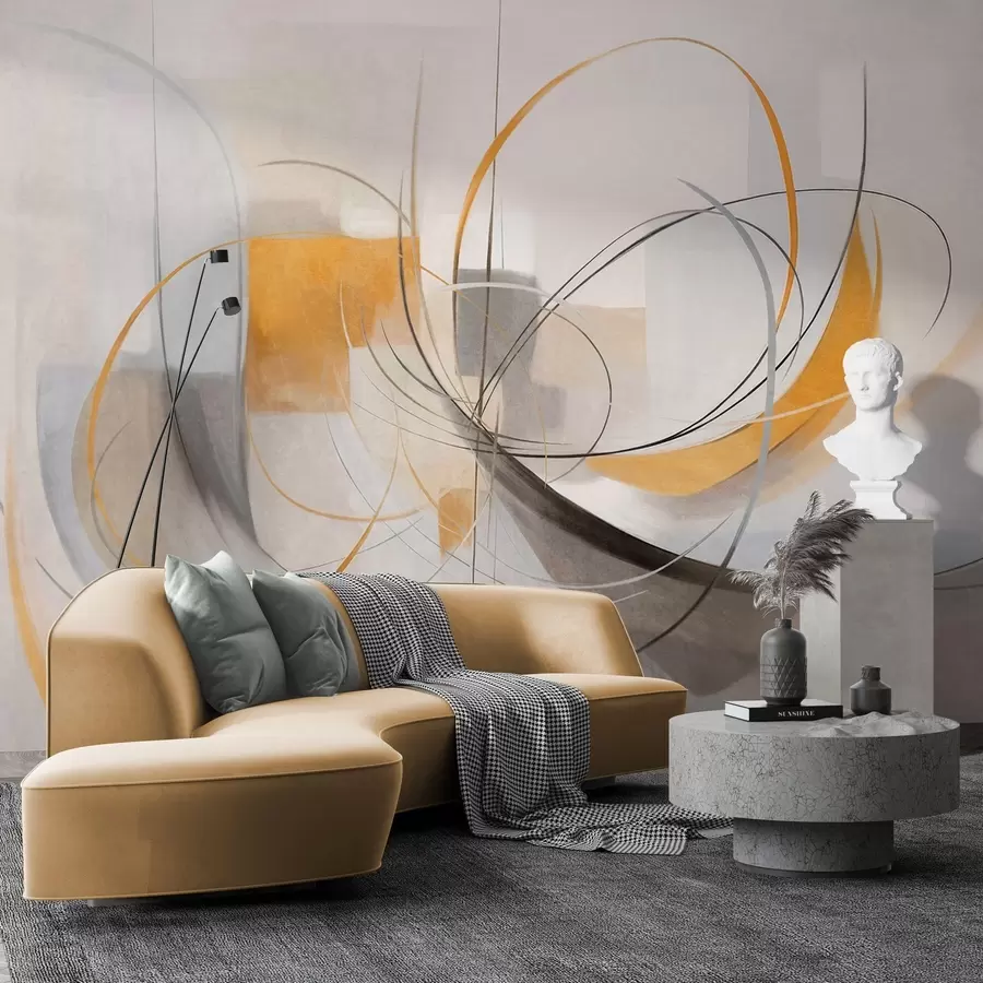Wall Mural Photo Wallpaper Abstract textured modern painting style with curved lines and geometric shapes in shades of gray, white and orange w09476