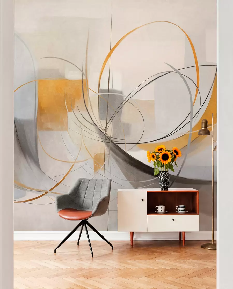 wall murals Abstract textured modern painting style with curved lines and geometric shapes in shades of gray, white and orange w09476
