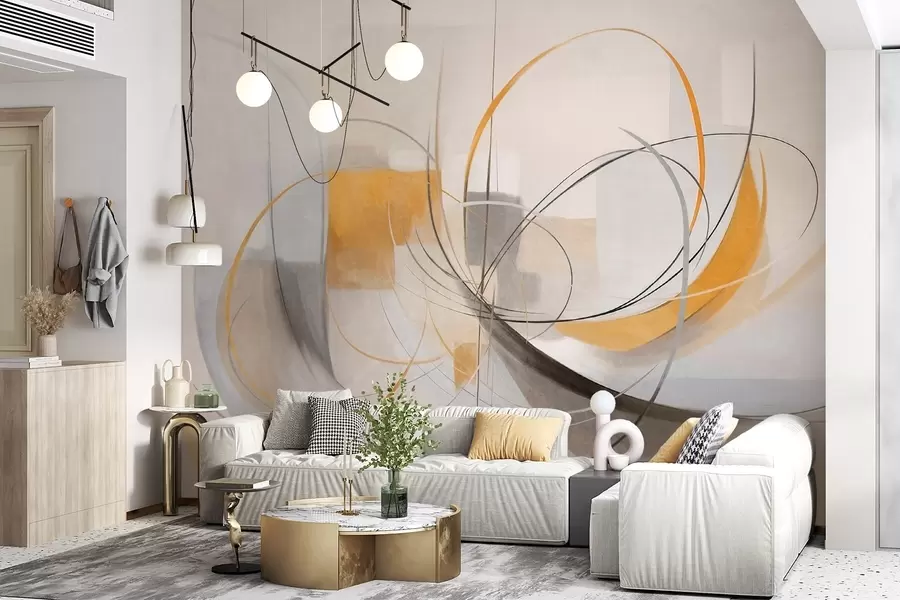 murales Estilo pictórico moderno abstracto con texturas, líneas curvas y formas geométricas en tonos grises, blancos y naranjas w09476