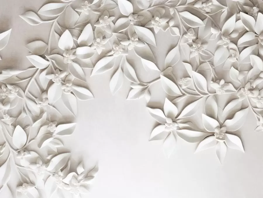 murales Flores y hojas blancas con textura, arreglo floral, diseño elegante, estilo minimalista, arte decorativo w09479
