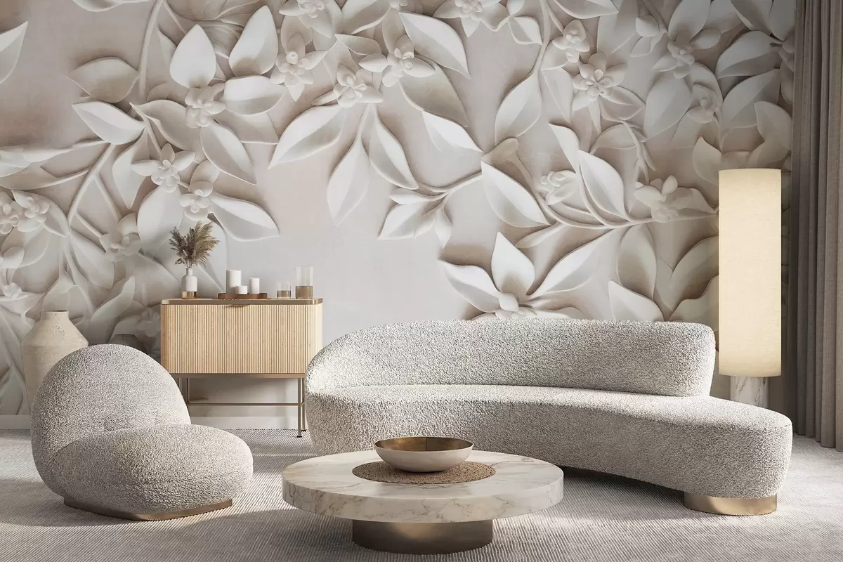 murales Flores y hojas blancas con textura, arreglo floral, diseño elegante, estilo minimalista, arte decorativo w09479