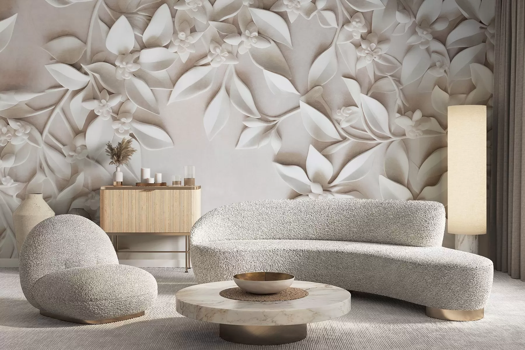 Wall Mural Photo Wallpaper White textured flowers and leaves, floral arrangement , elegant design, minimalist style, decorative art w09479