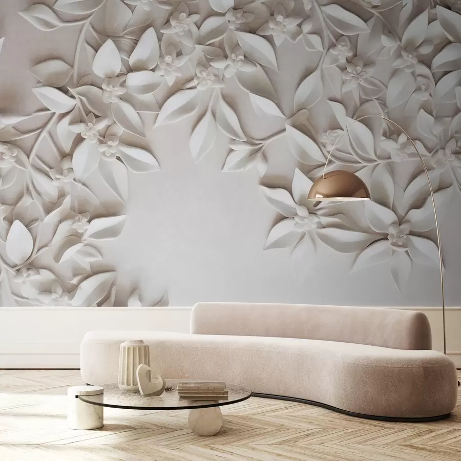 Wall Mural Photo Wallpaper White textured flowers and leaves, floral arrangement , elegant design, minimalist style, decorative art w09479