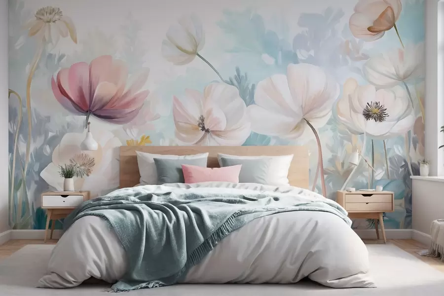 Wall Mural Photo Wallpaper A field of pastel-colored flowers with delicate petals, soft green leaves, in a dreamy, textured watercolor style w09481