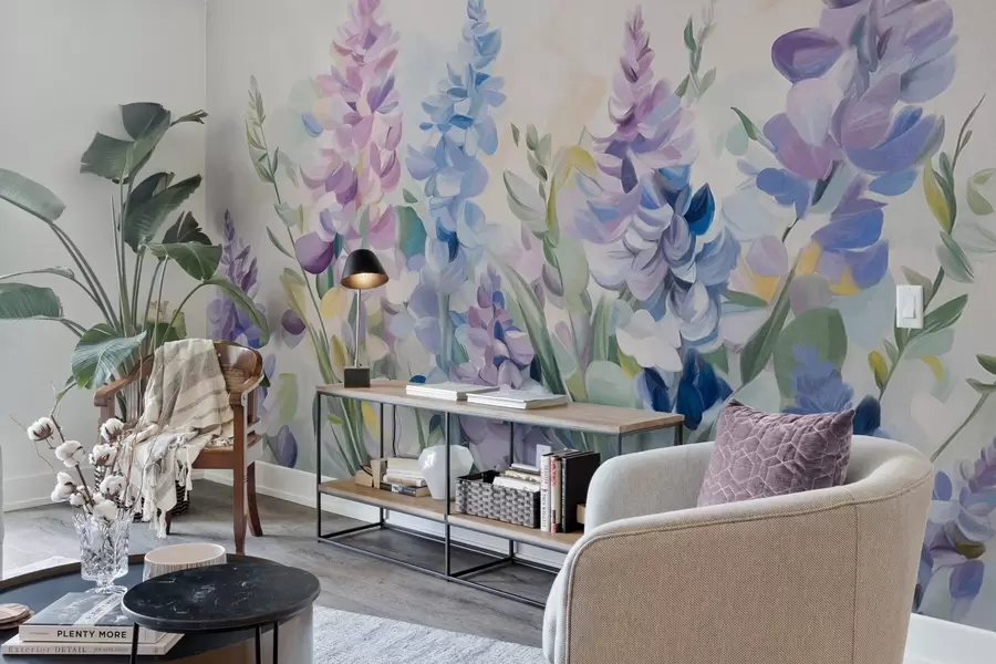 wall murals Purple and blue textured flowers with blue leaves, light background, soft brush strokes, vibrant colors w09482