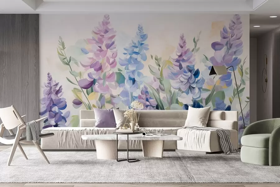 Wall Mural Photo Wallpaper Purple and blue textured flowers with blue leaves, light background, soft brush strokes, vibrant colors w09482