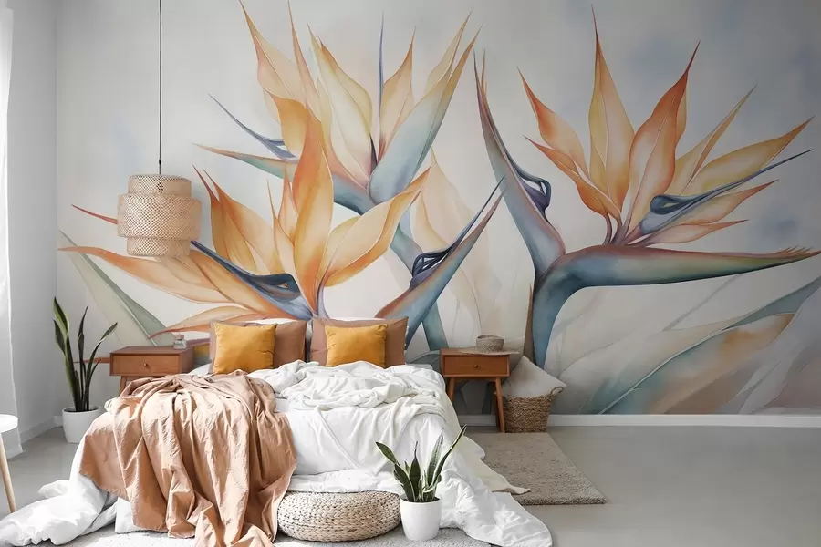 murales Flor del ave del paraíso, strelitzia con pétalos naranjas, estilo texturizado en acuarela suave, fondo claro w09483