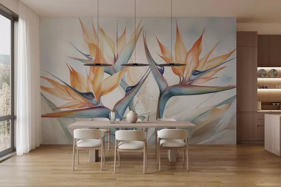 murales Flor del ave del paraíso, strelitzia con pétalos naranjas, estilo texturizado en acuarela suave, fondo claro w09483
