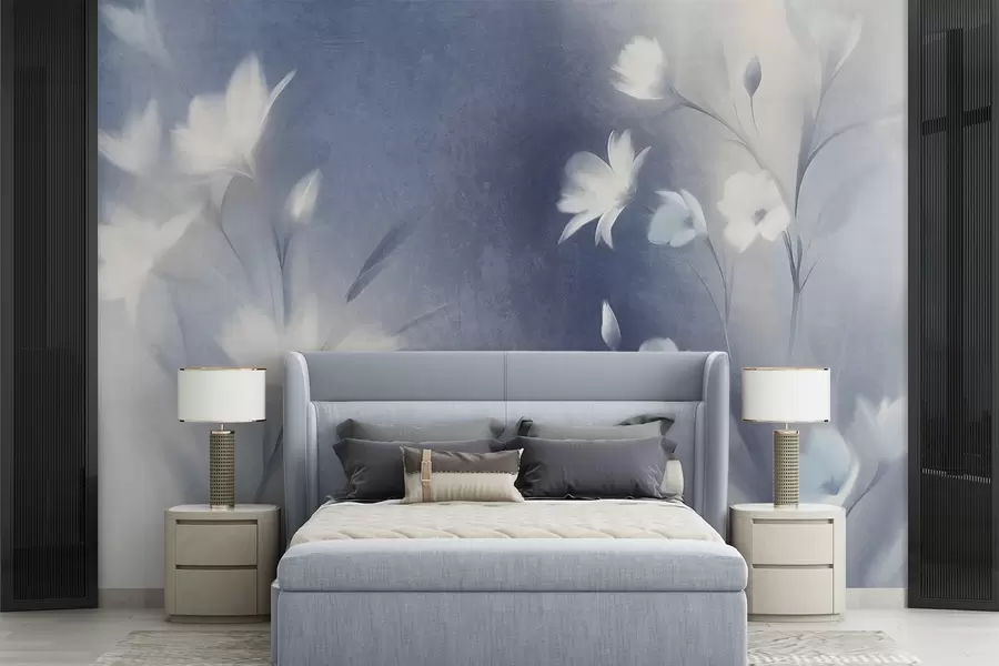 Wall Mural Photo Wallpaper White textured flowers with long stems , soft buds against a blurred background of blue and white hues w09484
