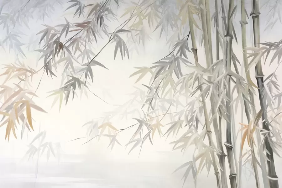 murales Tallos y hojas de bambú texturizados en una paleta de colores suaves y apagados de gris, blanco y crema, composición minimalista. w09485