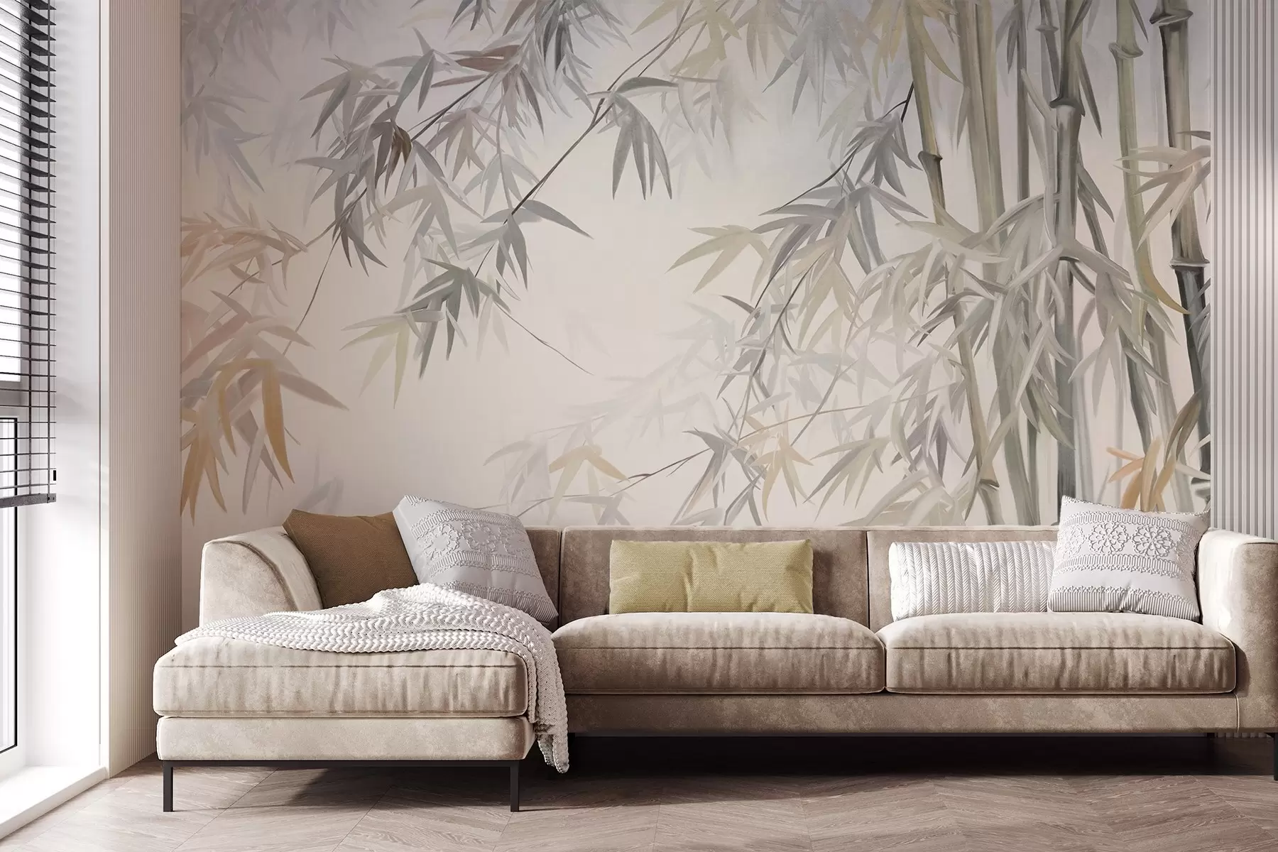 Wall Mural Photo Wallpaper Textured bamboo stems and leaves in a soft, muted color palette of gray, white and cream, minimalist composition w09485