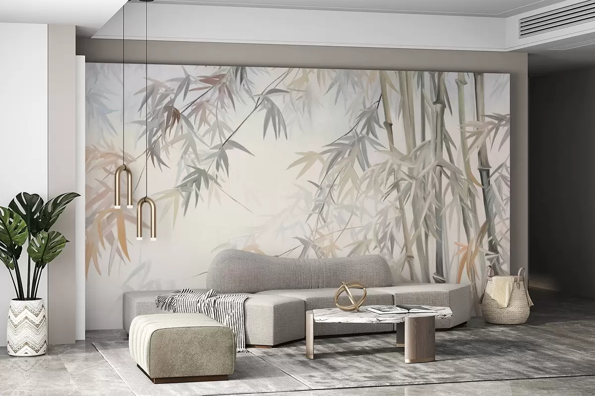 Wall Mural Photo Wallpaper Textured bamboo stems and leaves in a soft, muted color palette of gray, white and cream, minimalist composition w09485
