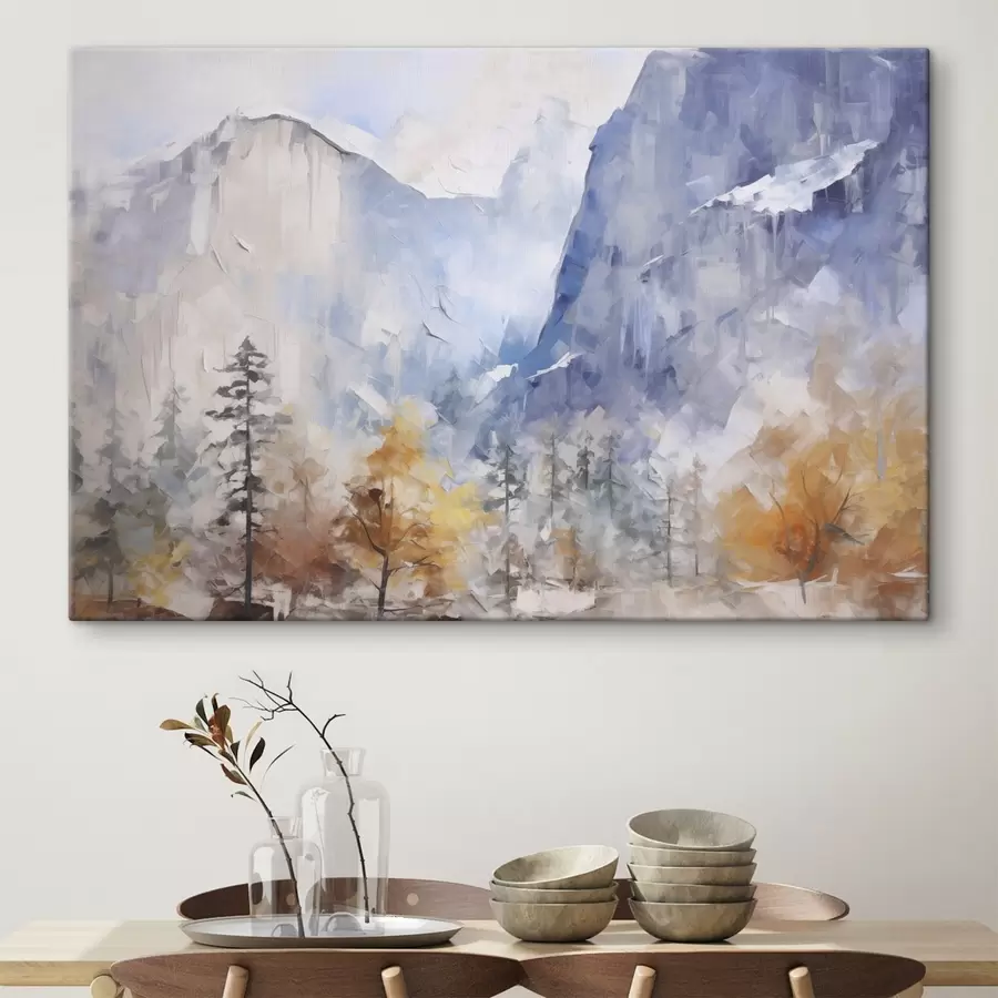 wall murals Abstract landscape of forest in front of mountains s46298