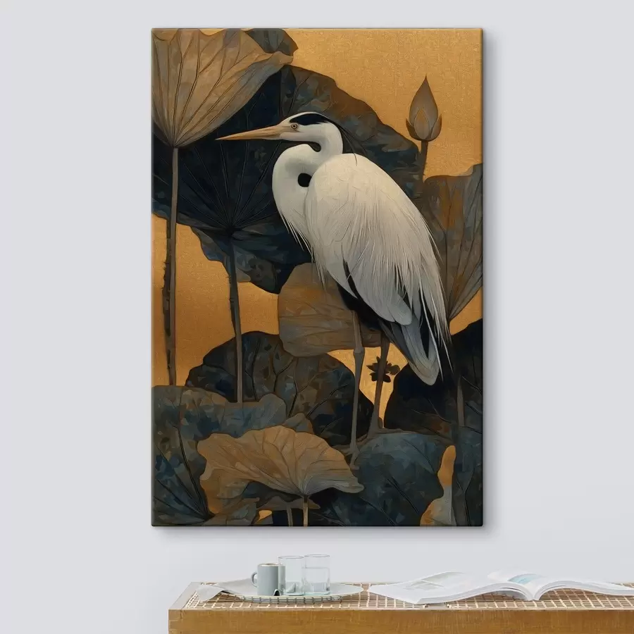 wall murals White heron among large leaves on a warm background s46147