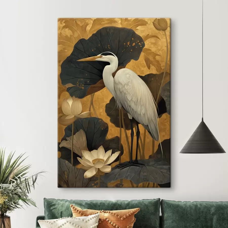 wall murals Heron among lotuses on a warm background s46148