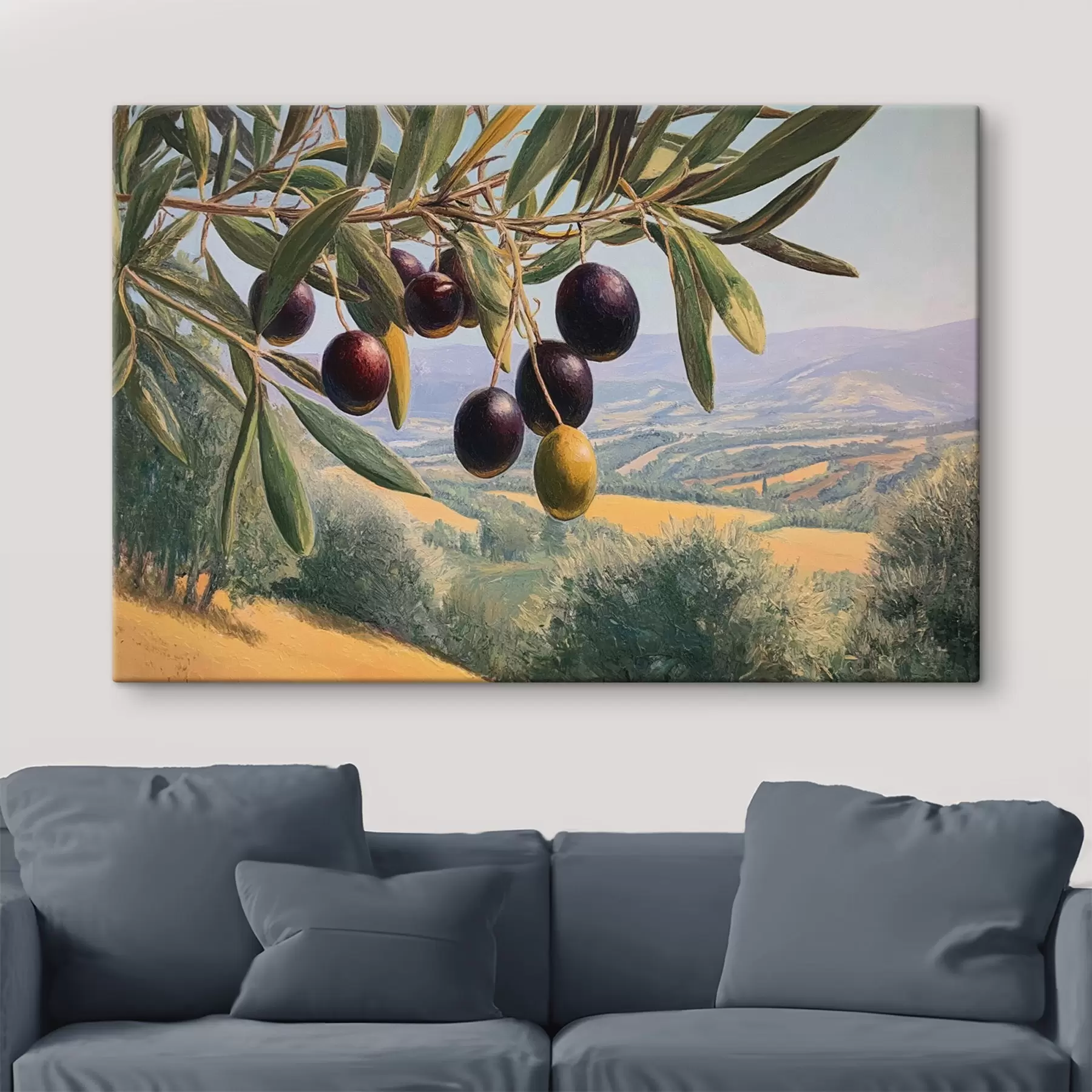 wall murals Olive branch with dark fruits against a summer landscape s46150