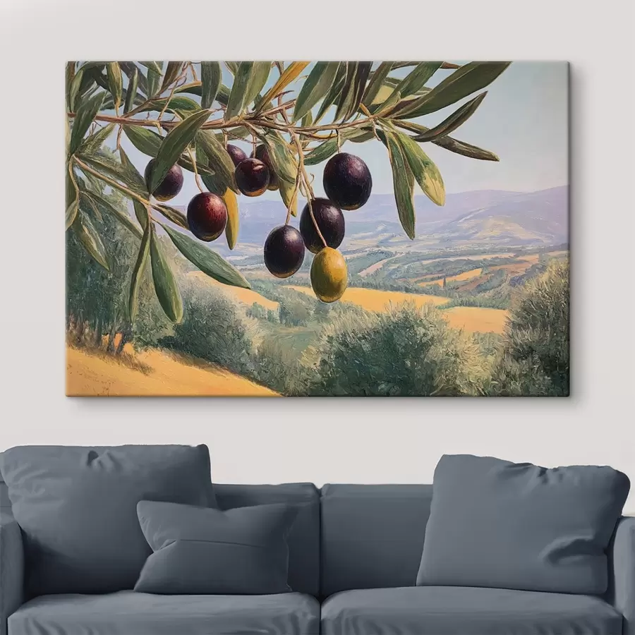 wall murals Olive branch with dark fruits against a summer landscape s46150