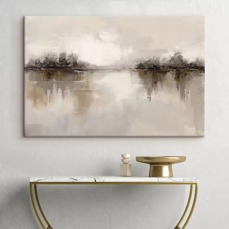 wall murals Soft landscape with a lake in warm beige-gray tones s46158