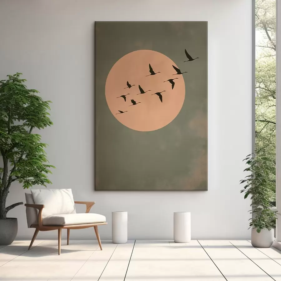 wall murals A flock of birds flying against a large warm moon s46162