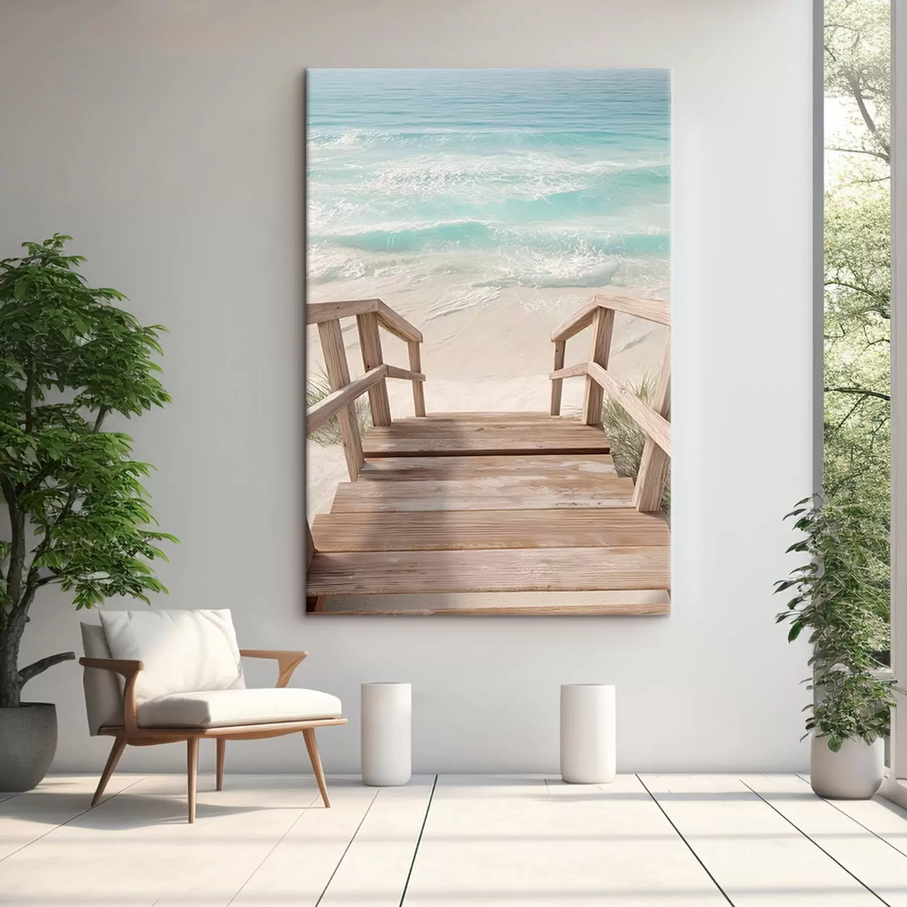 wall murals Wooden stairs leading to a turquoise beach s46163