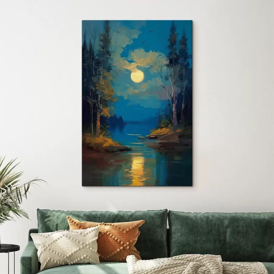 murales Luz de luna sobre un río tranquilo entre pinos s46164