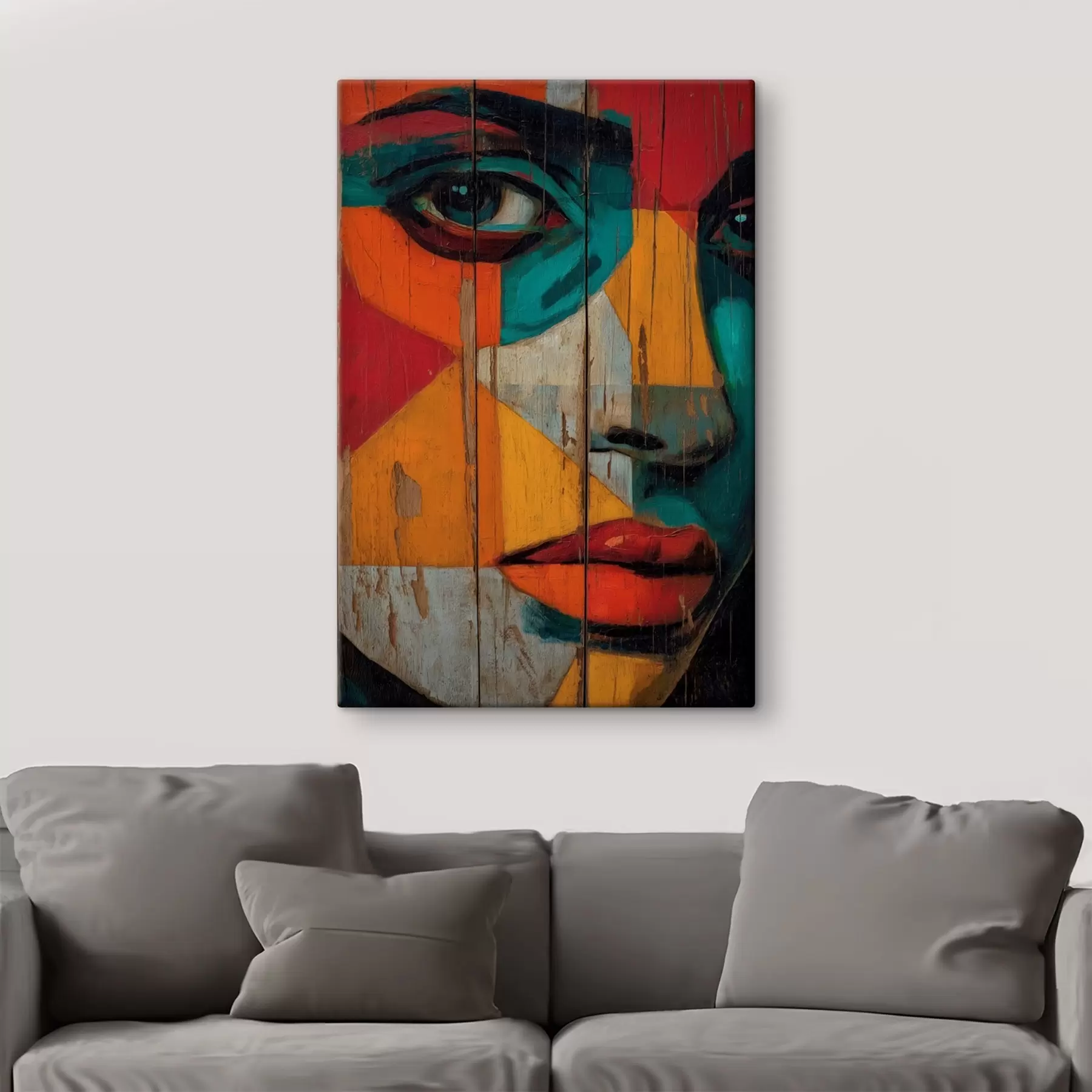 wall murals Bright geometric face portrait on wooden boards s46165