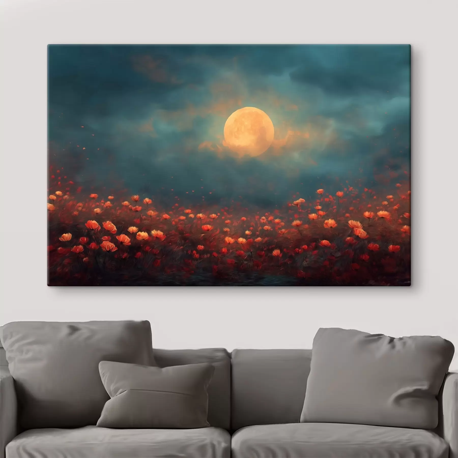 murales Luna sobre un campo de flores rojas en un cielo brumoso al atardecer s46167
