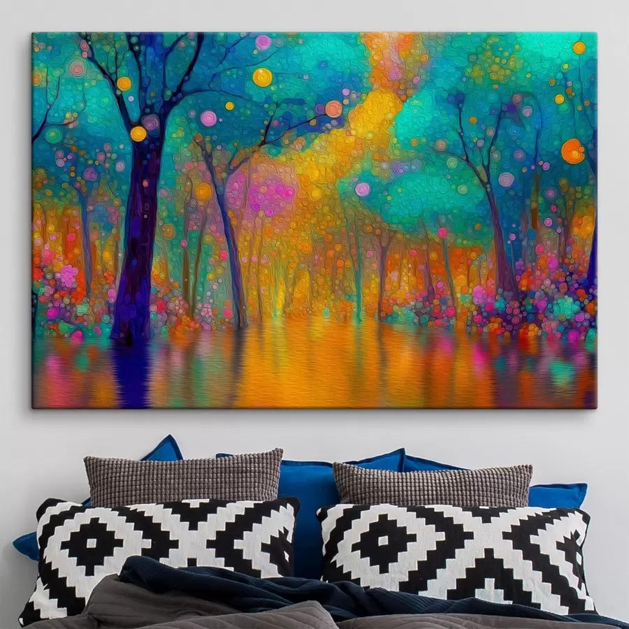 wall murals Vivid fantasy forest with reflections in water s46171