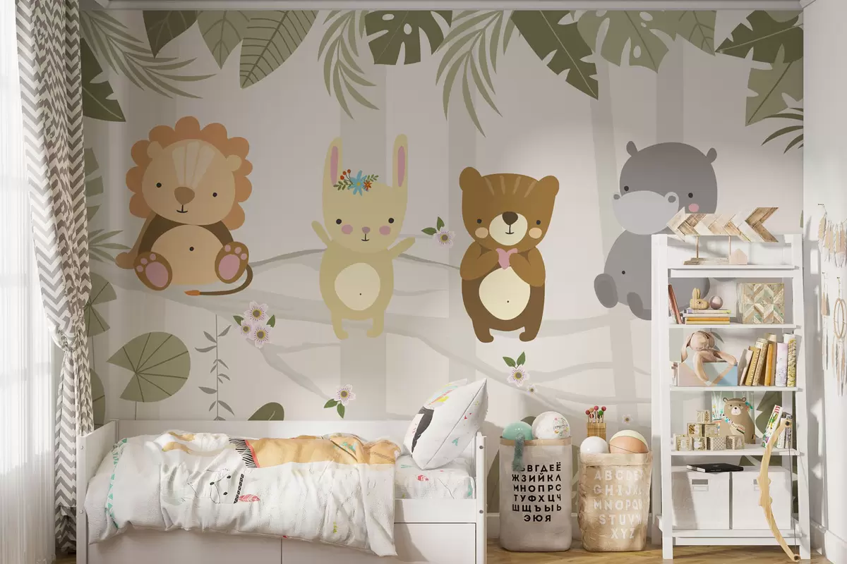 peintures murales Adorable lion, lapin, ours et hippopotame parmi les feuilles w04682