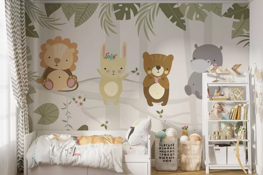 peintures murales Adorable lion, lapin, ours et hippopotame parmi les feuilles w04682