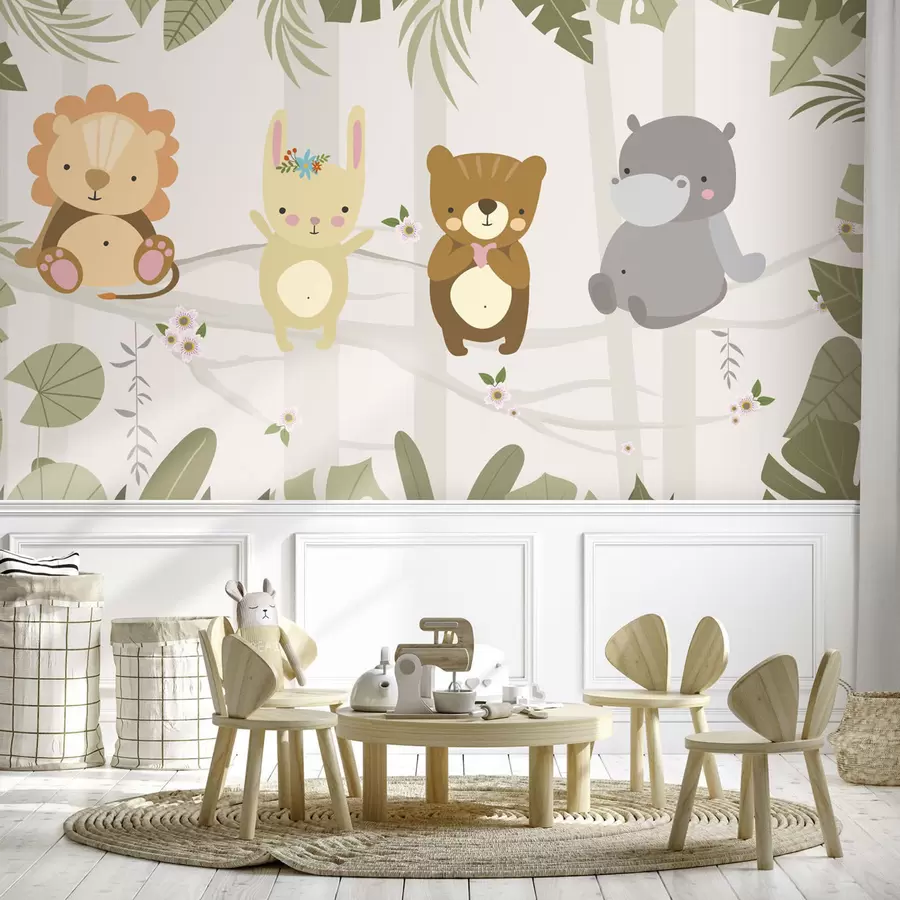 Wall Mural Photo Wallpaper Cute lion, bunny, bear and hippo among leaves w04682