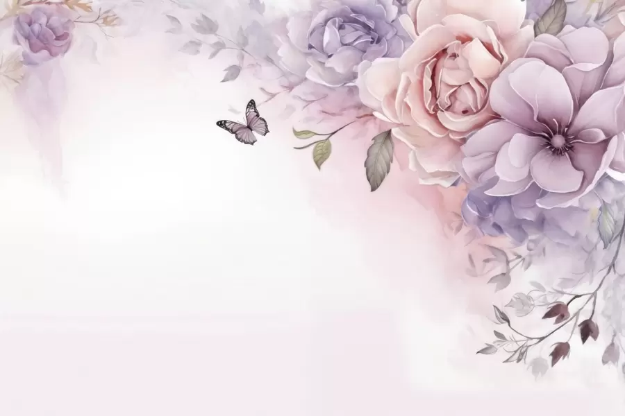 wall murals Delicate pink and lilac flowers with a butterfly w04711