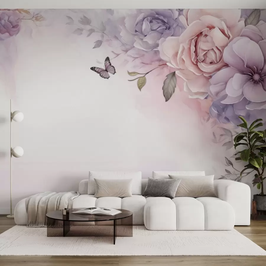 peintures murales Fleurs délicates roses et lilas avec un papillon w04711