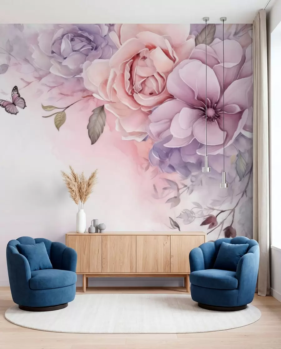 wall murals Delicate pink and lilac flowers with a butterfly w04711
