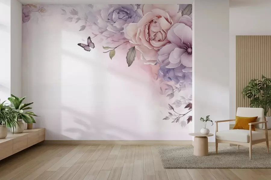 Wall Mural Photo Wallpaper Delicate pink and lilac flowers with a butterfly w04711