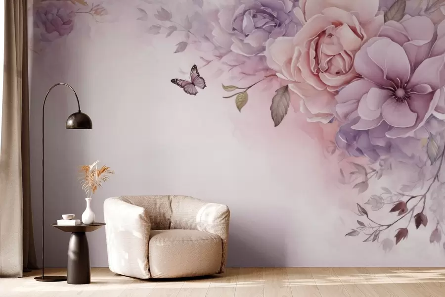 peintures murales Fleurs délicates roses et lilas avec un papillon w04711