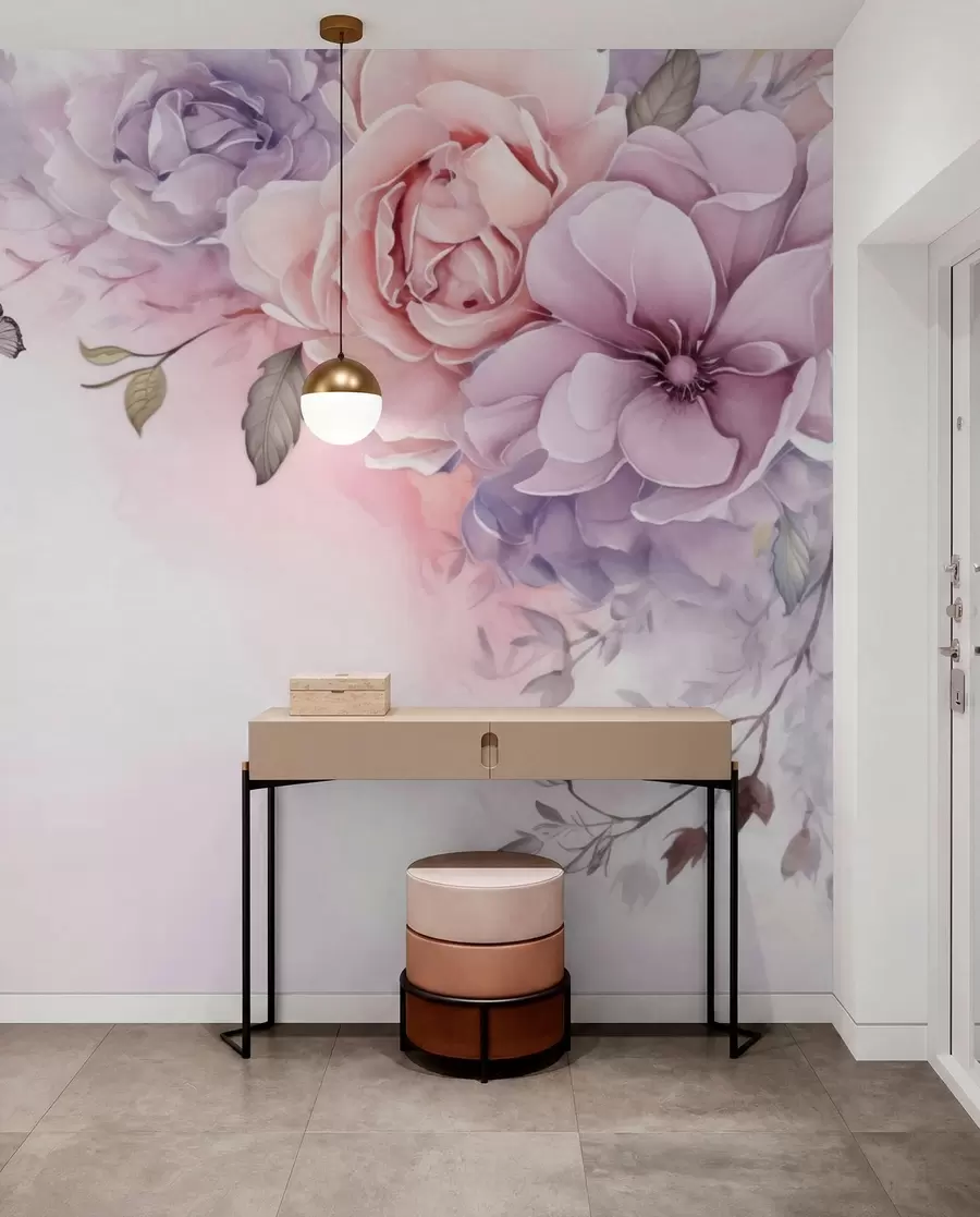 peintures murales Fleurs délicates roses et lilas avec un papillon w04711