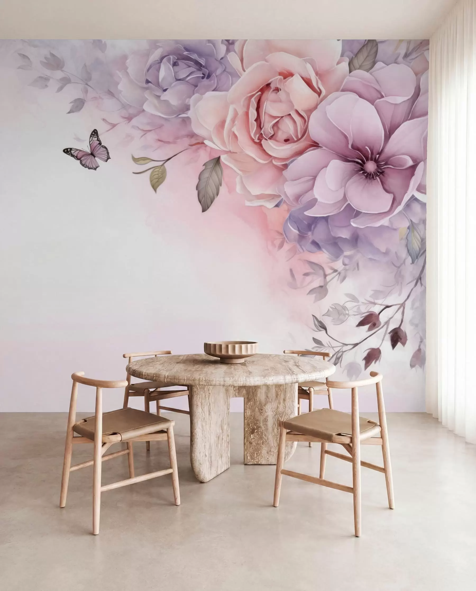 Wall Mural Photo Wallpaper Delicate pink and lilac flowers with a butterfly w04711