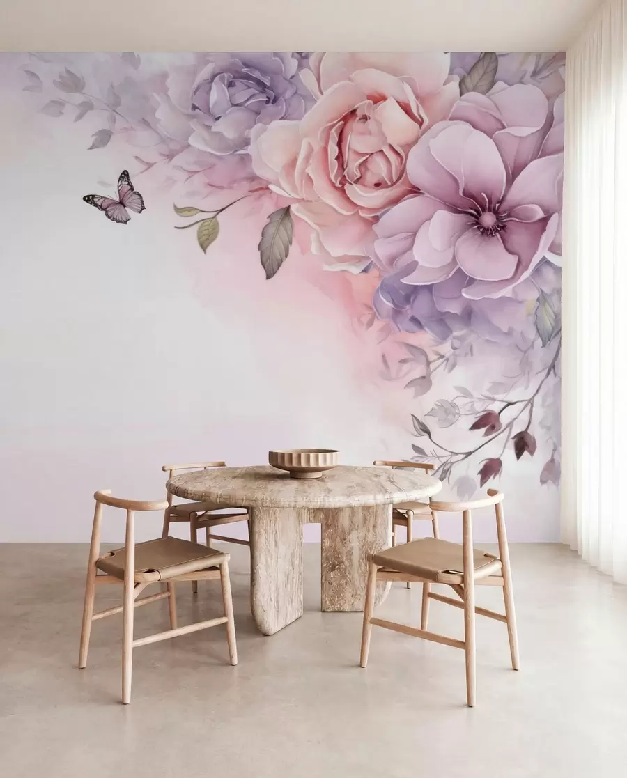 peintures murales Fleurs délicates roses et lilas avec un papillon w04711