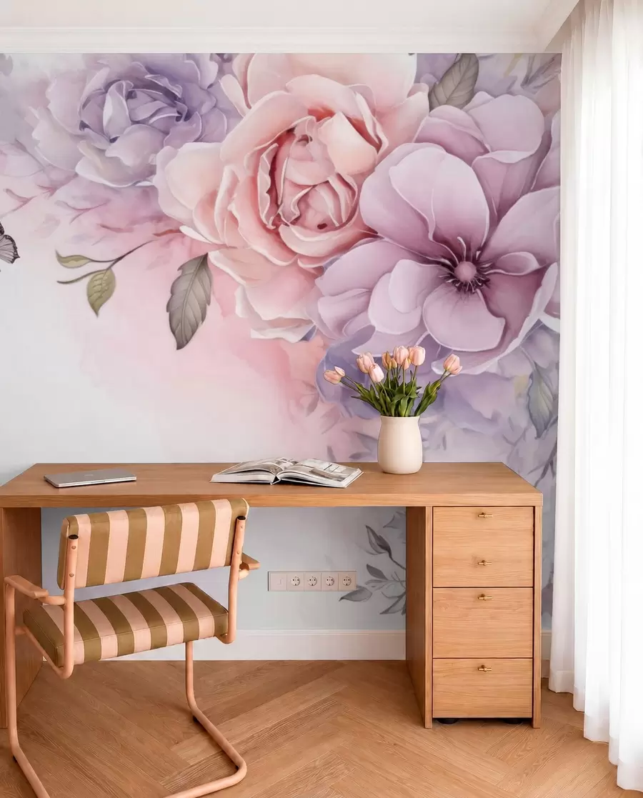 peintures murales Fleurs délicates roses et lilas avec un papillon w04711